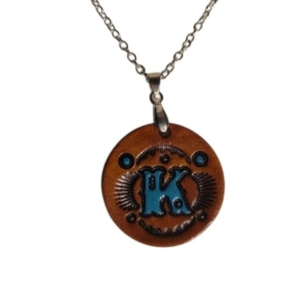 Handcrafted Genuine Leather Tooled Monogram Initial Letter K Necklace